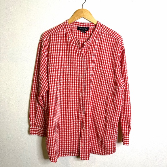 Denim&Co Red white Checkered gingham Shirt top sz 1x cotton long sleeve check - Picture 3 of 6